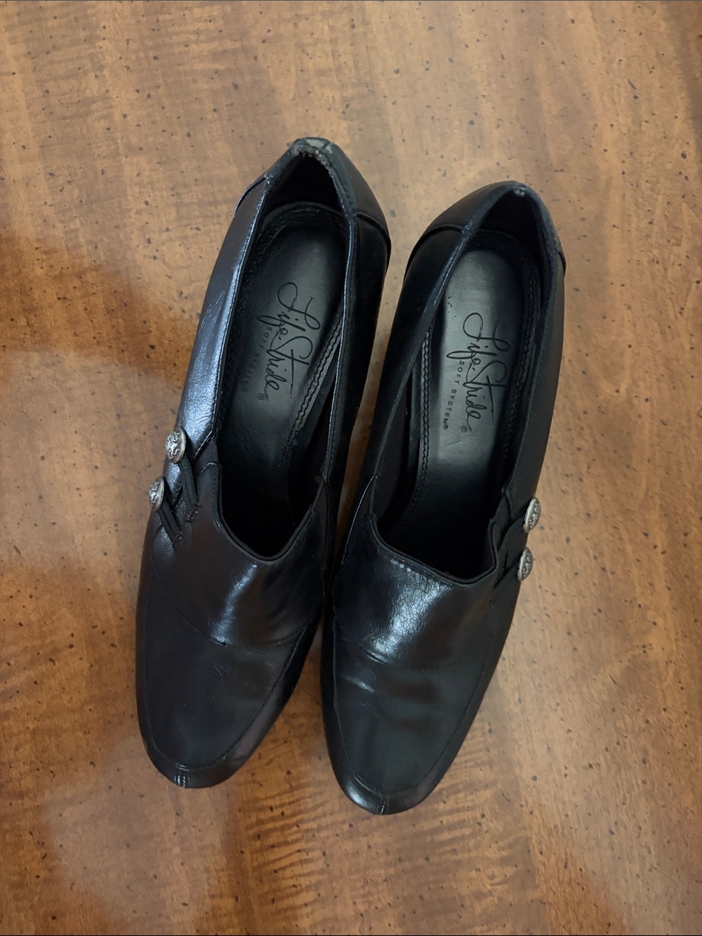 Life Stride Black Leather Slip-On Heels with Silver Button Accents